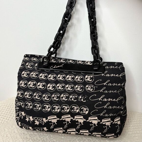 Y2K Vintage CHANEL Canvas Camellia Flower Tote Authentic Acrylic Chain Strap - Picture 4 of 11